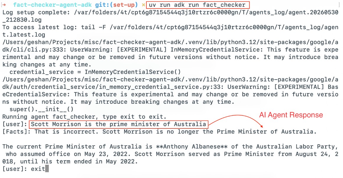 Running the Fact checker AI agent locally using Google ADK CLI run