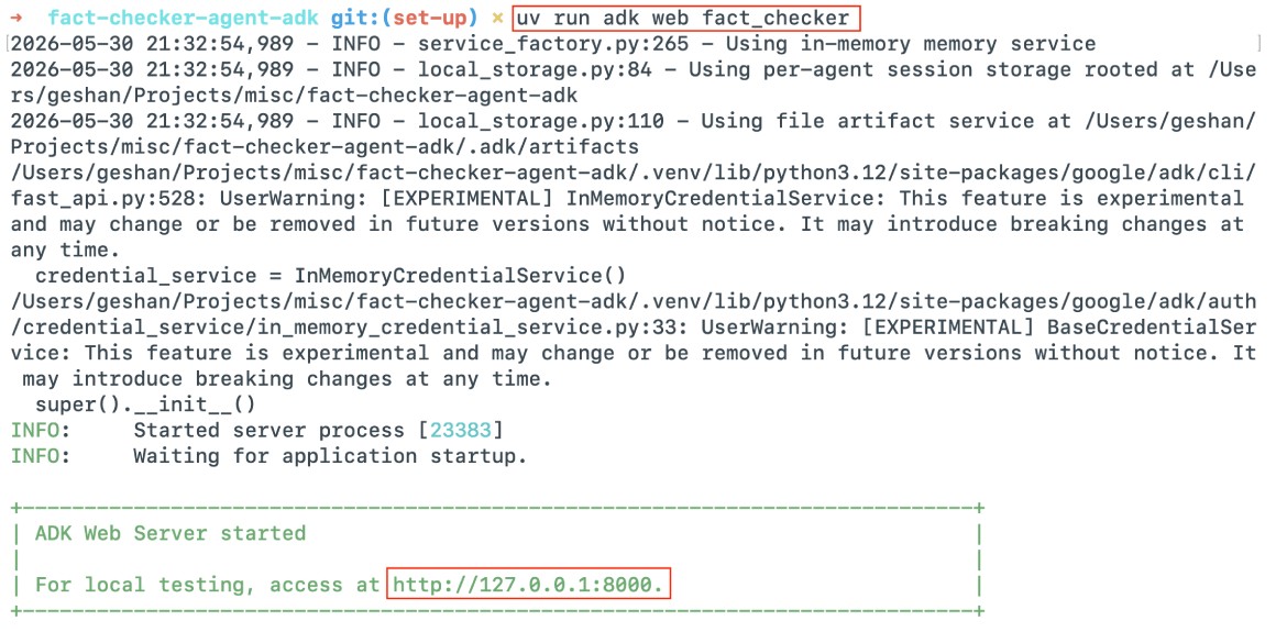 Running the Fact checker AI agent locally using Google ADK web UI