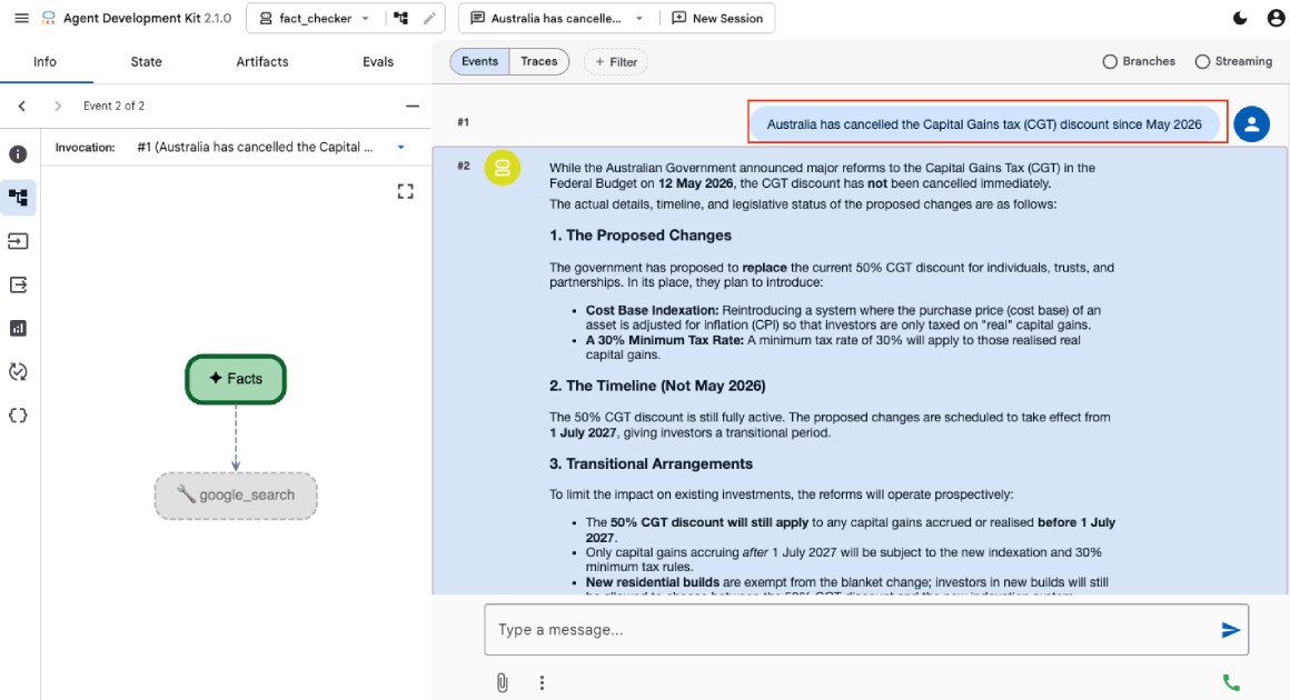 Fact checker AI agent running locally using Google ADK web UI on Chrome