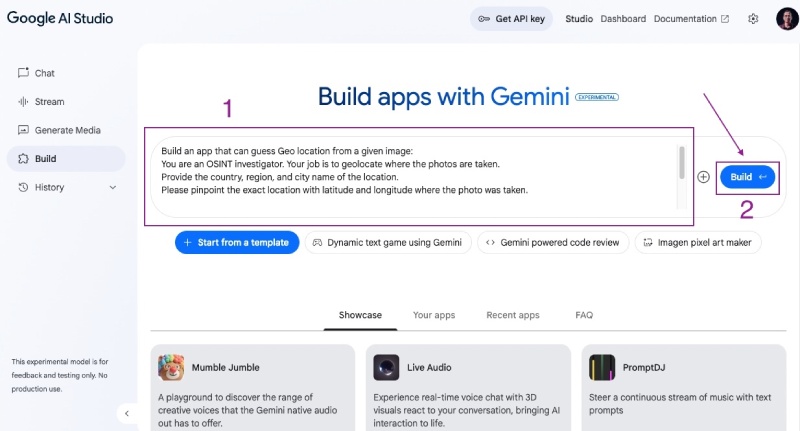In the Build (apps) page input the above prompt and click the blue Build button In the Build (apps) page input the above prompt and click the blue Build button