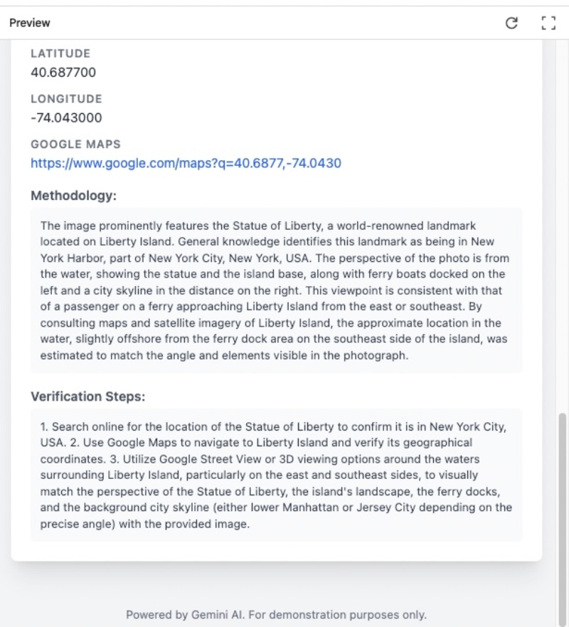 Checking methodology and verification details of the picture of Statue of Liberty New York in the Geo location guessing app Checking methodology and verification details of the picture of Statue of Liberty New York in the Geo location guessing app