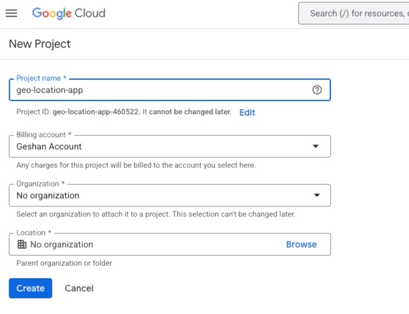Create a new GCP project to deploy the Geo location app on Google Cloud Run Create a new GCP project to deploy the Geo location app on Google Cloud Run
