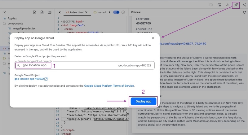 To deploy the generated app to Cloud Run select the project you just created - geo-location-app in my case To deploy the generated app to Cloud Run select the project you just created - geo-location-app in my case