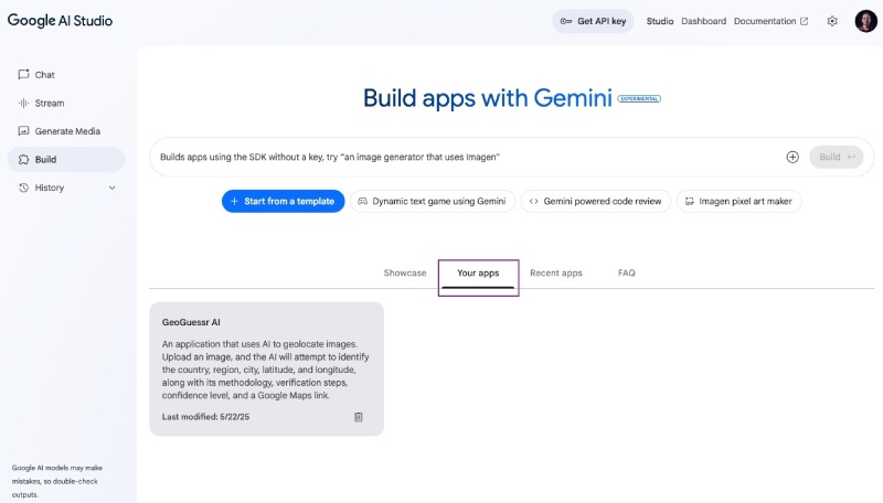 The Geo location guessing React App is auto saved by Google AI Studio and available in the Your apps tab The Geo location guessing React App is auto saved by Google AI Studio and available in the Your apps tab