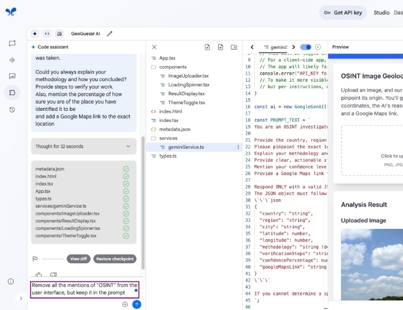 The Geo location guessing React App is changed on Google AI Studio with a prompt to remove OSINT The Geo location guessing React App is changed on Google AI Studio with a prompt to remove OSINT