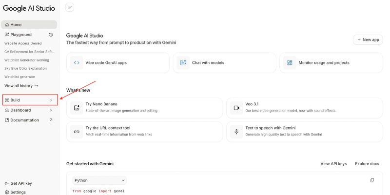Google AI Studio build link