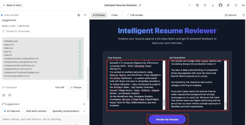 Google AI Studio preview testing of the resume reviewer app
