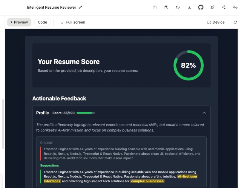 Google AI Studio resume review result