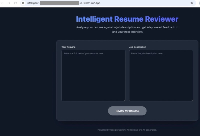 Google AI Studio deployed resume reviewer app running on Google Cloud Run