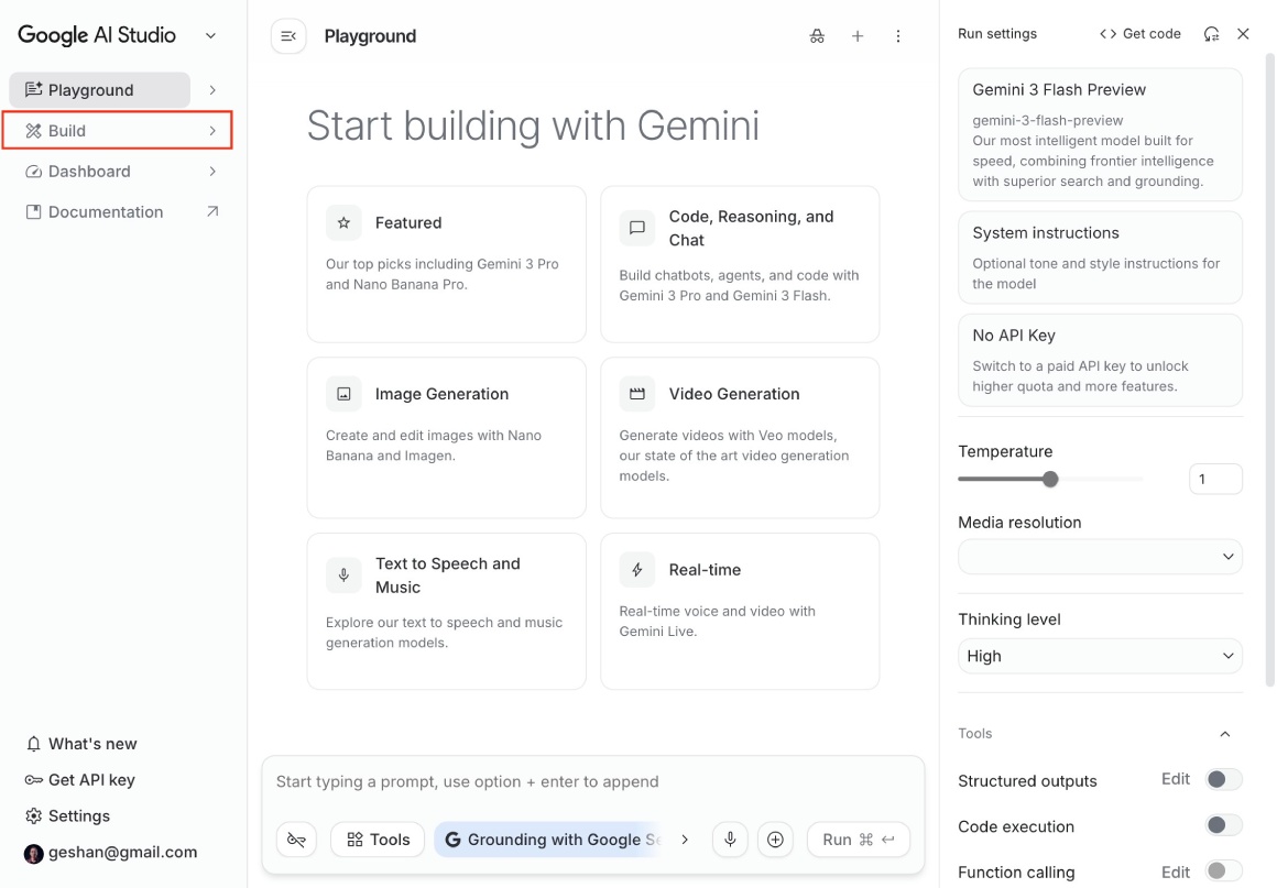Google AI Studio main page -- click Build