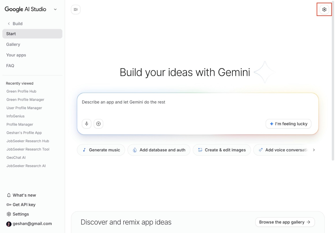 Google AI Studio Build page