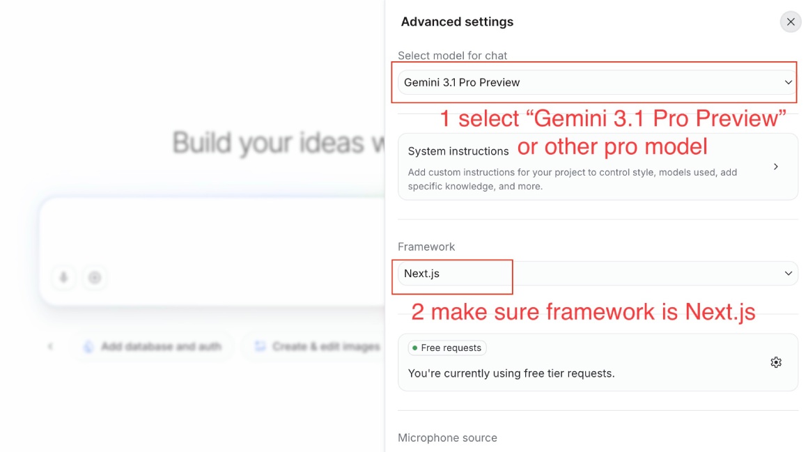 Google AI Studio Build page, model and framework settings