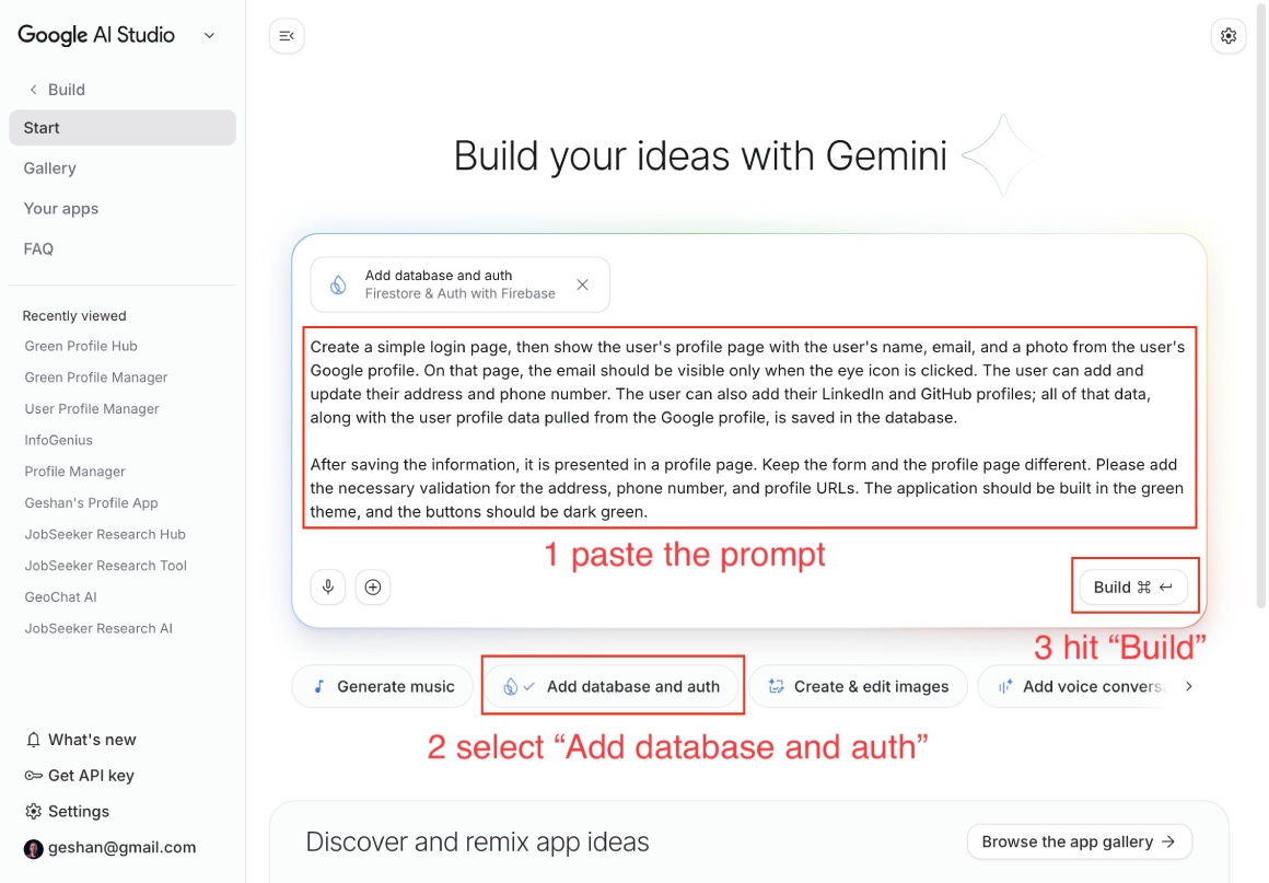 Google AI Studio Build page prompt for Google login and simple profile page app