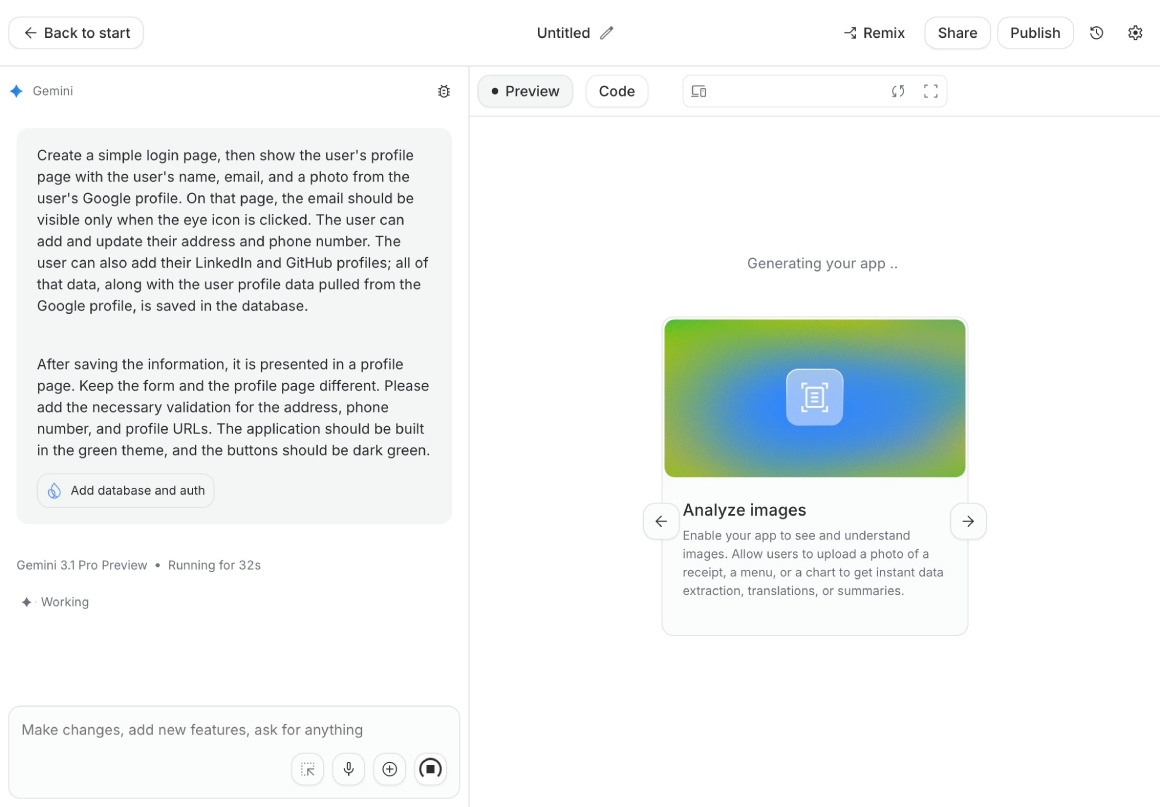 Google AI Studio geneating the profile page app