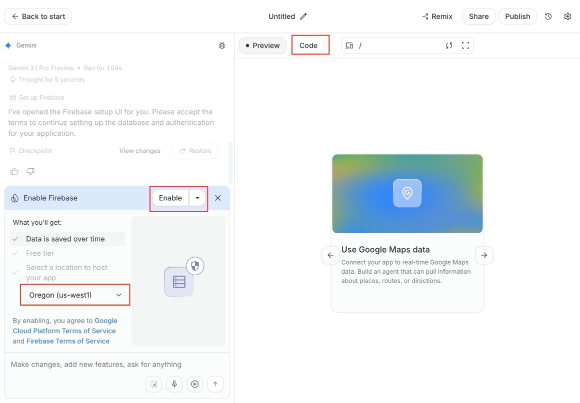 Google AI Studio geneating the profile page app enable Firebase
