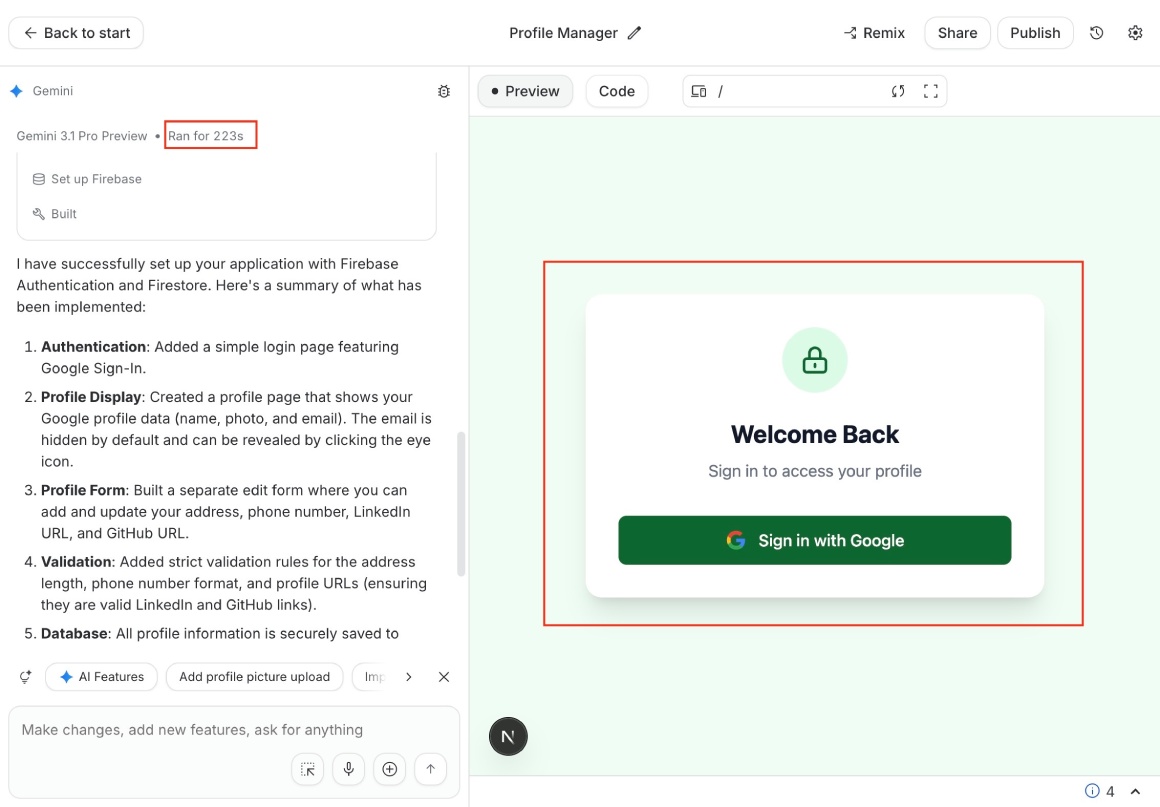 Profile page app generated by Google AI Studio connected to Firebase Firestore