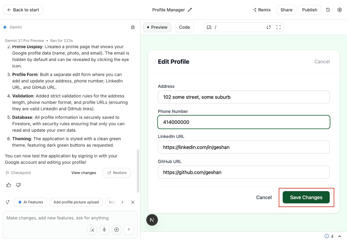 Profile page app generated by Google AI Studio profile form filled