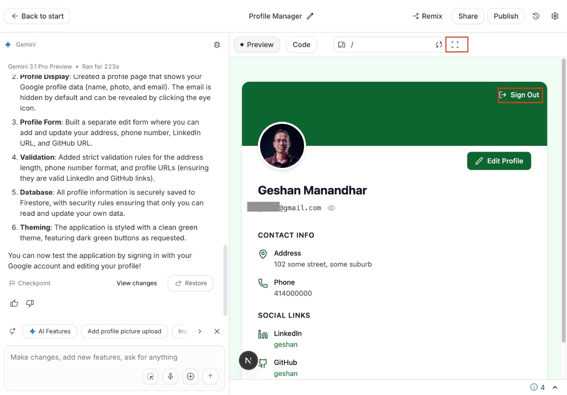 Profile page app generated by Google AI Studio profile working and data saved in Firestore