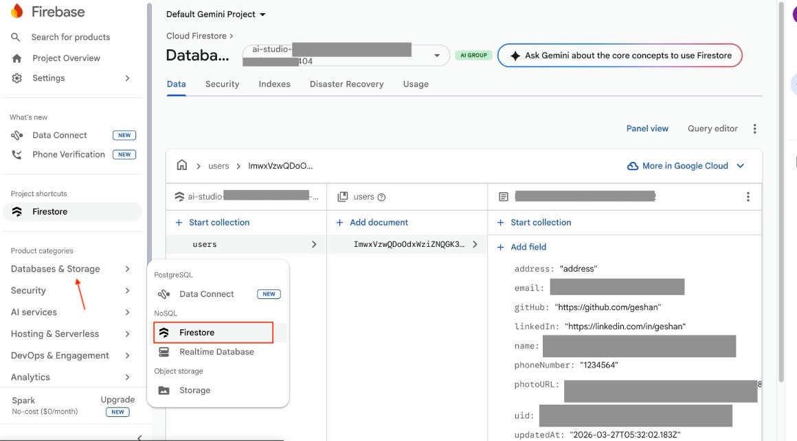 Profile page app generated by Google AI Studio verfied that data is saved correctly in Firebase Firestore