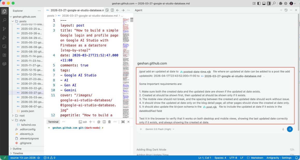 Using /goal prompt in Google Antigravity 2.0 IDE to add updated at to Geshan Blog