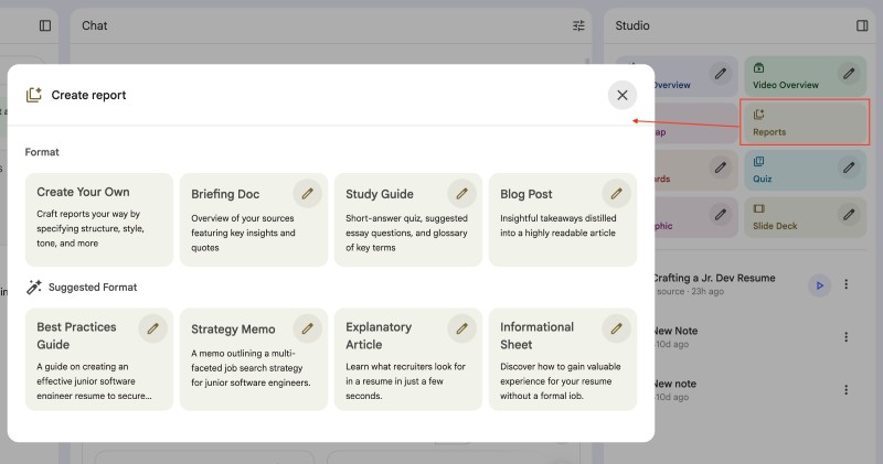 NotebookLM reports overlay to generate the report format you need NotebookLM reports overlay to generate the report format you need