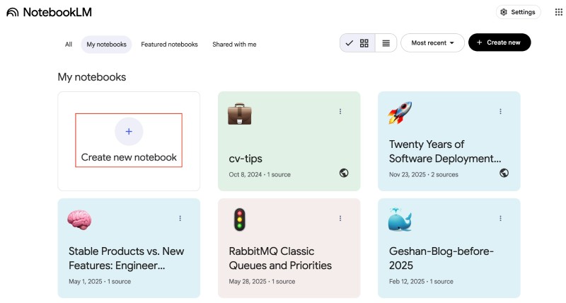 Create new notebook in NotebookLM Create new notebook in NotebookLM