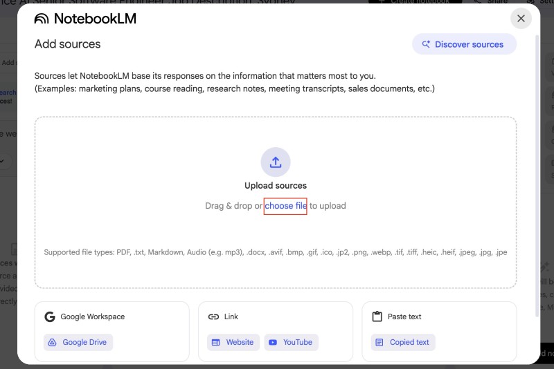 Upload a file as source on a new Notebook in NotebookLM Upload a file as source on a new Notebook in NotebookLM