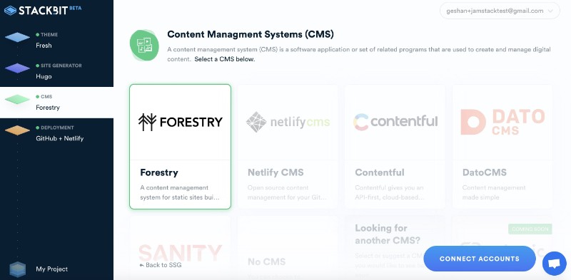 Choose Forestry as the CMS on Stackbit