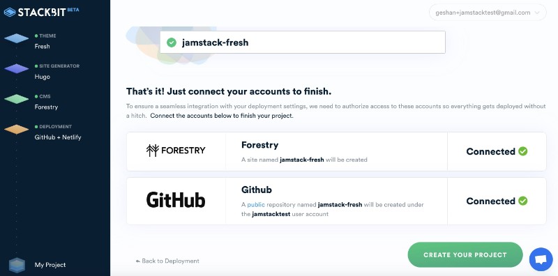 Both Github and Forestry are connected with Stackbit now