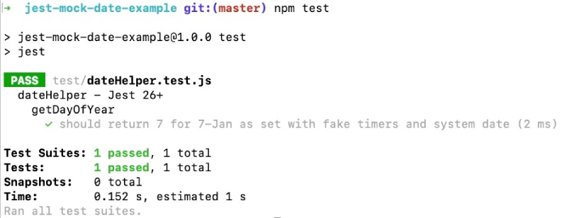 Results of the test run for Jest mock date