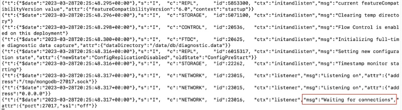 CLI output of MongoDB runnign with Docker