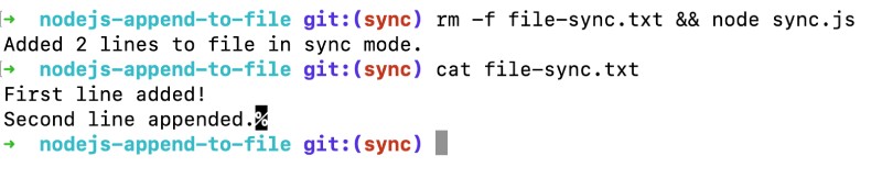 Append contents to a file using Node.js in a sync way