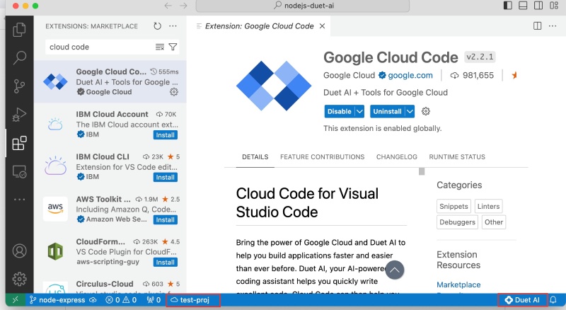 Duet AI (Cloud Code) installed on VS Code