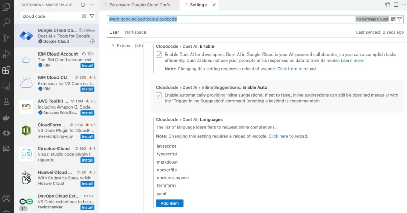 Duet AI (Cloud Code) languages list on VS Code