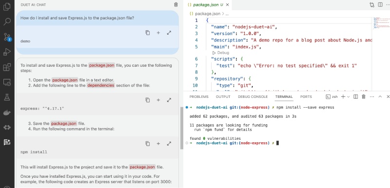 Duet AI (Cloud Code) on VS Code helping to add Express.js to a Node.js project