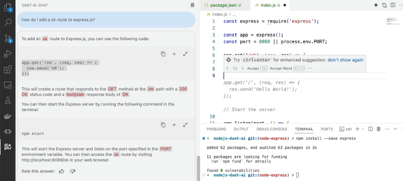 Duet AI (Cloud Code) on VS Code suggesting a new route