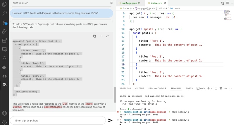 Duet AI (Cloud Code) on VS Code suggesting a new route with JSON response for posts