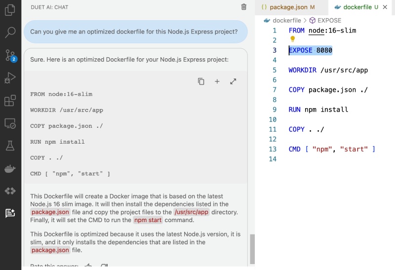Duet AI suggesting a Dockerfile for a Node.js app