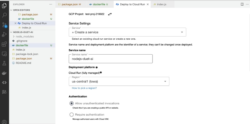 Duet AI integrated with Cloud Run service settings