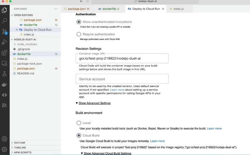 Duet AI integrated with Cloud Run service settings for building