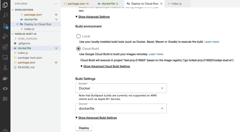 Duet AI integrated with Cloud Run service settings for using Dockerfile