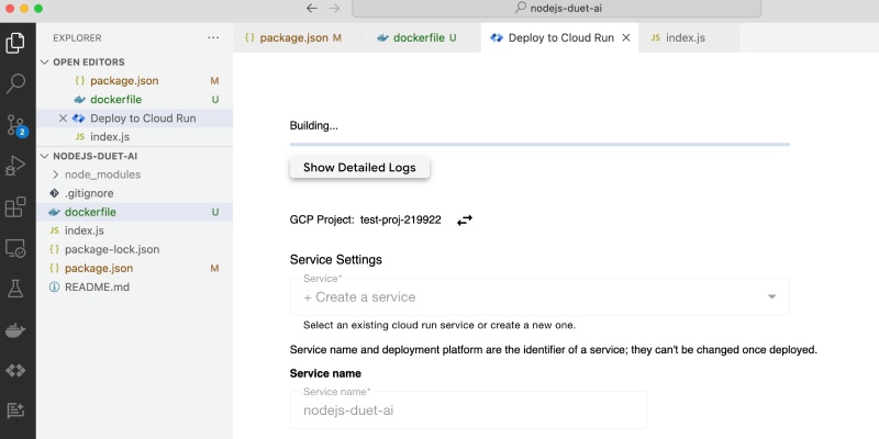 Duet AI deploying Node.js service to Cloud Run