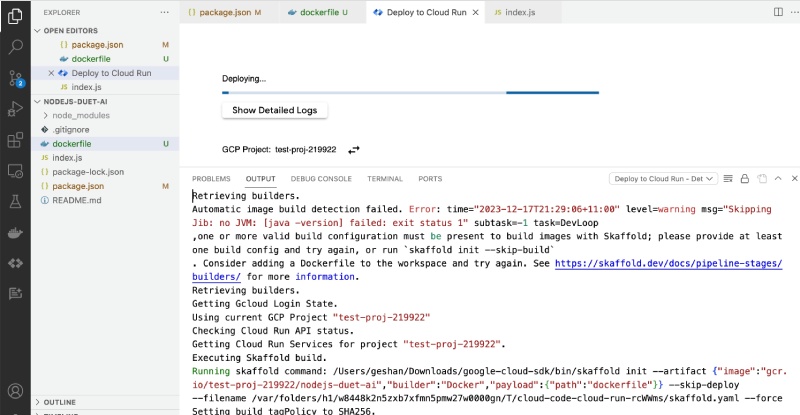 Duet AI deploying Node.js service to Cloud Run logs