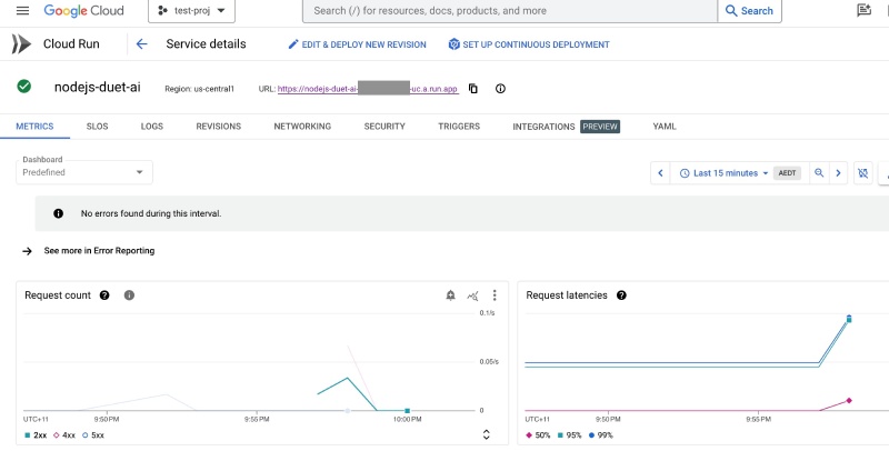 App deployed on Cloud Run with Duet AI and running well with stats