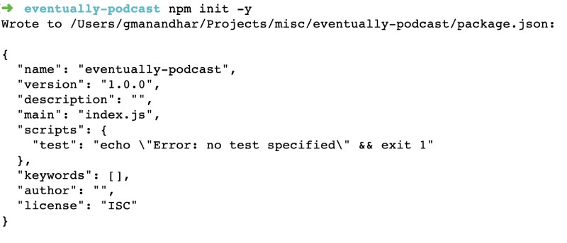 Result of npm init -y for Node.js express tutorial