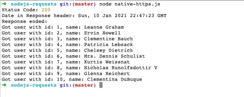 Output of running Node.js native http module