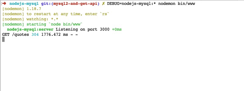 Quotes API nodemon output for Node.js MySQL tutorial using Express js