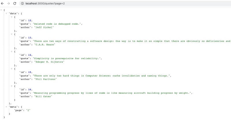 Quotes API pagination output for Node.js MySQL tutorial using Express js