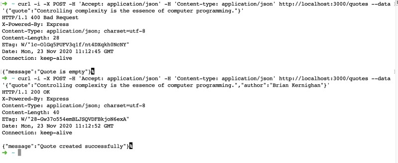 Quotes API cURL for POST output of Node.js MySQL tutorial using Express js