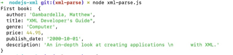 Node.js XML parser parsign a XML file output on the CLI